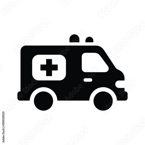 A black and white illustration of an ambulance on a plain background