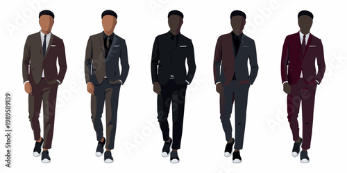 Five men illustrated in various suits standing in a row