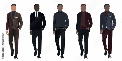 Five african american men illustrated in various stylish formal outfits