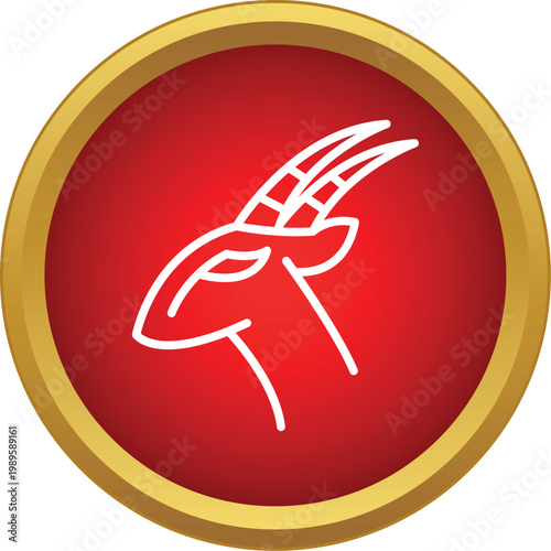 Outline drawing of an antelope head with horns on a red and gold circular button