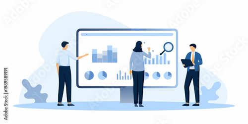 Team analyzing data and charts displayed on a large computer screen