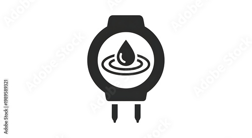 A black and white icon of a watch with a water droplet on its face