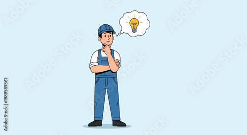 Man in overalls thinking with a lightbulb idea symbol.