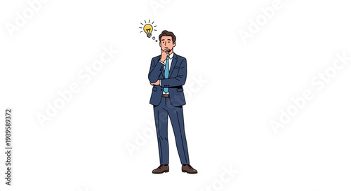 Man in Suit Thinking with Lightbulb Idea Above Head.