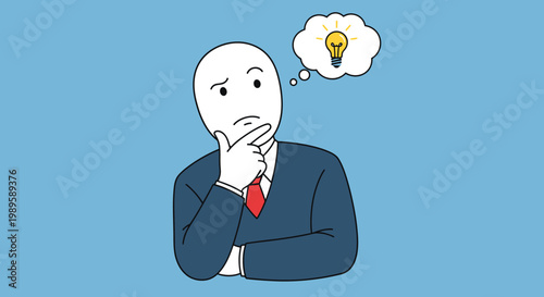 Man in suit thinking with lightbulb idea symbol.