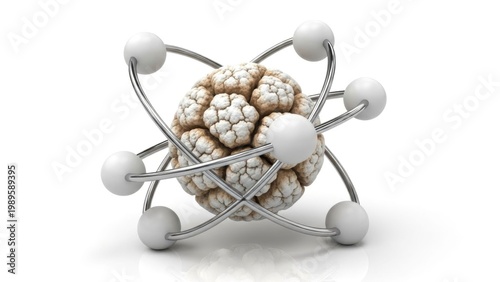 Abstract Atom Model with Spheres and Orbitals, 3D Render, Isolated on White Background, Science and Technology Concept