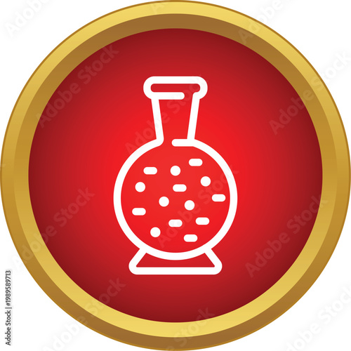 Round bottom flask with bubbling experimental liquid as a scientific icon in a golden frame