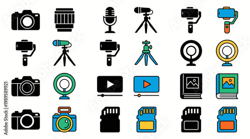 Collection of Icons Representing Photography, Videography, and Digital Storage Devices