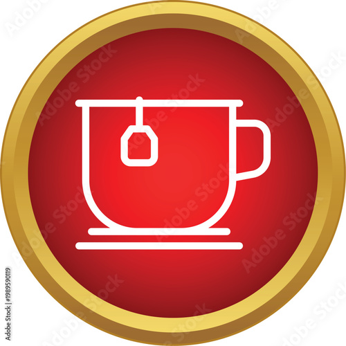 Outline drawing of a teacup with a teabag inside on a red circular button
