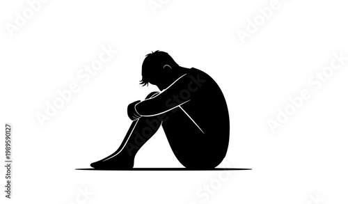Lonely sad man silhouette sitting alone in depressed emotional pose vector illustration