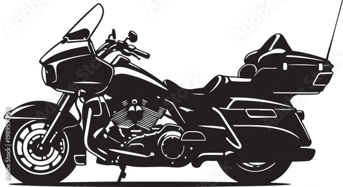 Black motorcycle, touring bike, cruiser, vector illustration, motorcycle design
