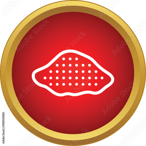 Pile of substance or small objects forming a stylized icon inside a red circle with gold border