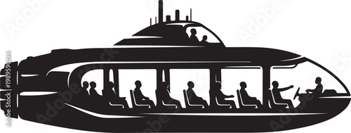 Black silhouette tourist boat, vector illustration, people on board, travel transportation icon
