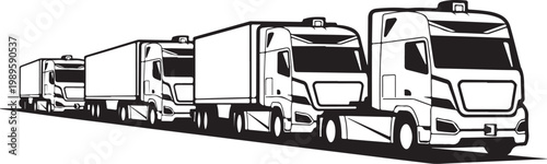 Truck convoy, semi-truck train, transportation fleet, vector illustration