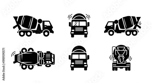 Concrete Mixer Truck Icons: Set of 6 Black and White Illustrations