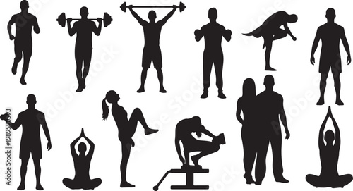 Black silhouette fitness icons, exercise people set, workout vector graphics, 12 silhouette characters