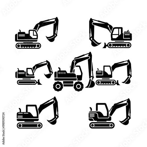 Set of Black Excavator Icons on White Background, Construction Equipment Vector Graphics
