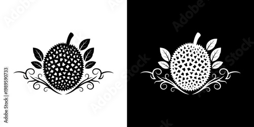 Tropical Durian Fruit Vector Icon with Ornamental Leaves, Balanced Black and White Design