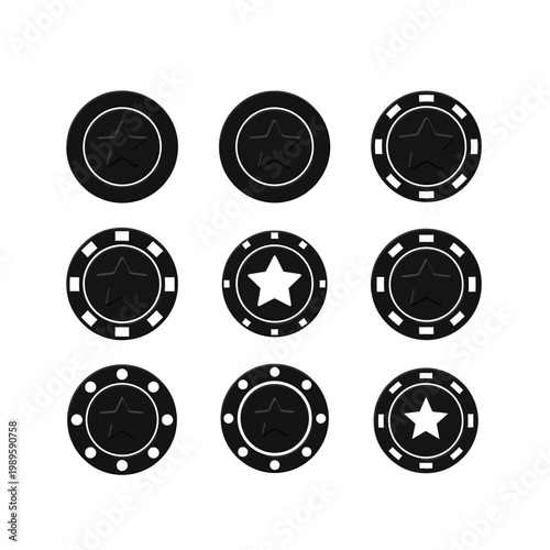 Set of Black Poker Chips with Star and Circle Designs