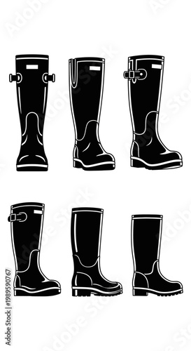 Set of Black Rubber Rain Boots, Hunter Style, Isolated on White Background