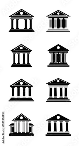 Set of Classic Bank Building Icons, Government Architecture, Financial Institutions, and Public Buildings