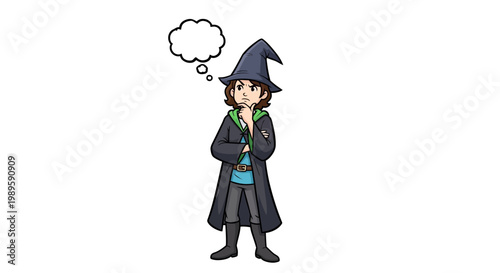 Young wizard with a thinking bubble above his head.