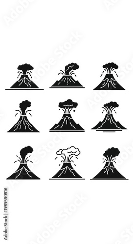 Volcano Eruption Icons Set: Active Volcanoes, Lava Flow, Ash Cloud, Explosions