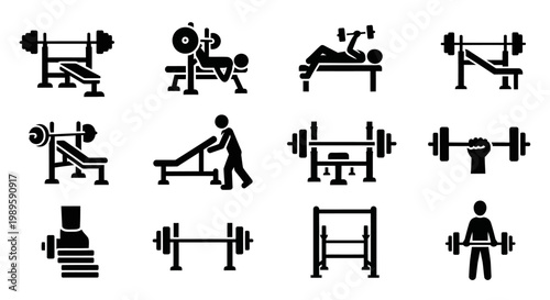 Weightlifting Icons: Bench Press, Barbell Exercises, Gym Equipment Set