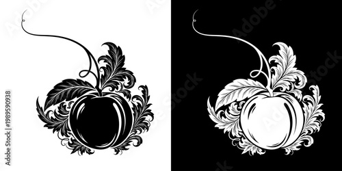 Vintage Engraved Apple Motif with Ornate Leaves and Abstract Swirls in Duality