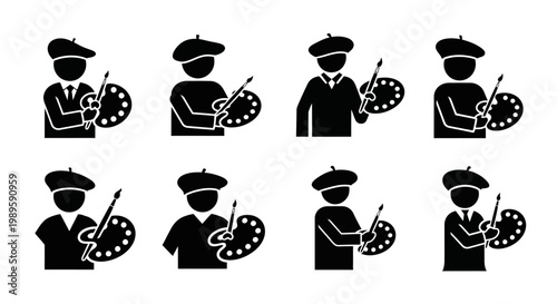 Artist Icon Set: Painter with Palette and Brush in Various Poses