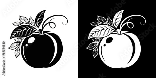 Abstract black and white apple illustrations, reflecting duality and the harmonious balance of nature