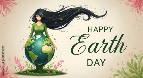 Happy earth day illustration woman embracing the planet