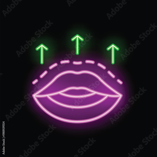 Neon sign depicting lips with dotted line and arrows pointing up, representing lip augmentation