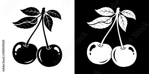 Duality of Cherries Monochrome Graphic Art with Positive and Negative Space