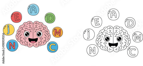 Cute Cartoon Brain with Vitamin and Nutrient Letters Illustration and Line Art Outline for Kids Science Education Medical Health Awareness and Coloring Page Vector Art