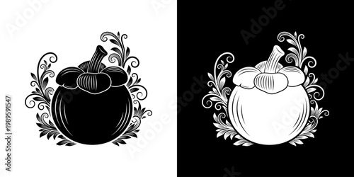 Stylized Mangosteen Fruit Graphic with Ornate Yin Yang Scrollwork Design