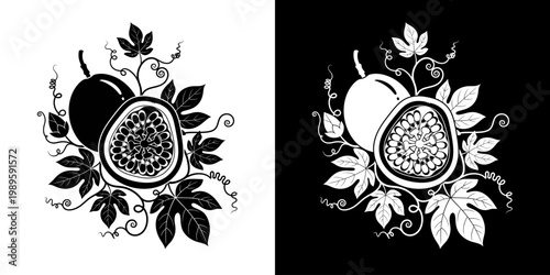 Monochromatic Passion Fruit Illustration in Yin-Yang Style with Detailed Foliage