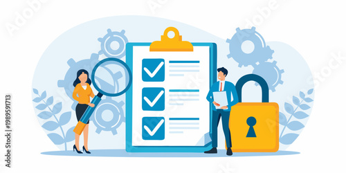Data security and compliance check with professionals reviewing checklist details