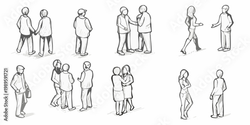 Sketch of diverse people interacting in various conversational poses