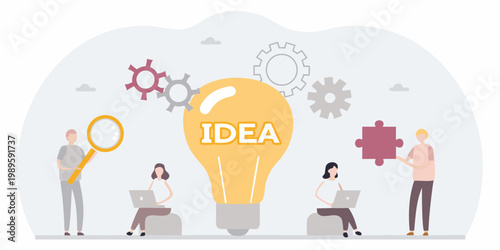 People collaborating and generating ideas with a bright lightbulb concept