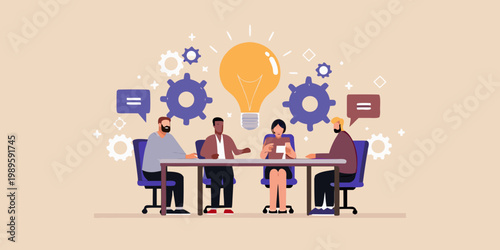 Team brainstorming session with a bright idea illuminating collaborative work