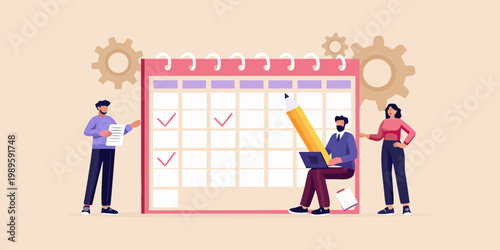 Team collaborating on scheduling and task management with a large calendar