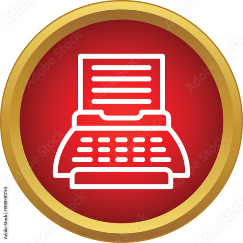 White outline typewriter icon with paper in a red circle with gold border
