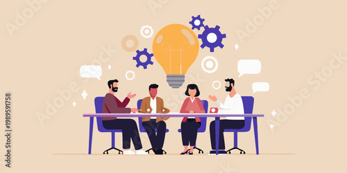 Team brainstorming session with a glowing lightbulb and collaborative gears