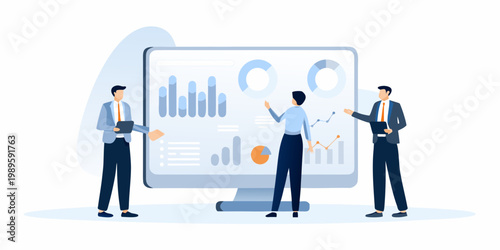 Business professionals analyzing data visualization on a large computer screen