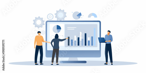 Team analyzes data visualizations on a large computer screen