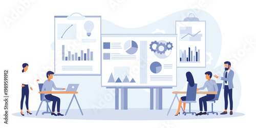 Team collaboration and brainstorming session with data analysis visualizations