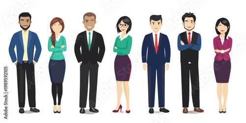 Diverse group of business professionals standing in a row smiling