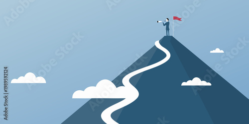 A businessman announces success from a mountaintop with a red flag