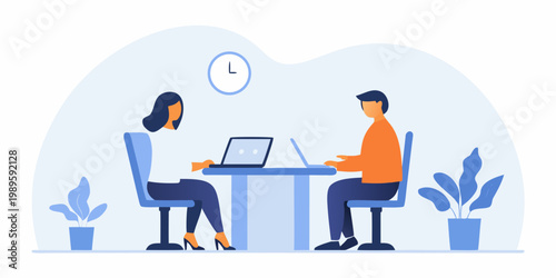 Job interview scene with two people and a laptop in an office